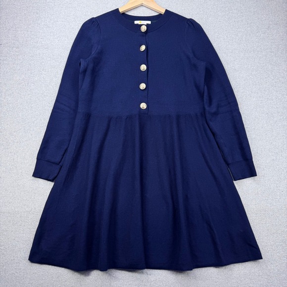 Boden Dresses & Skirts - Boden Fit & Flare Dress Size 2R Navy Blue Wool Blend Gold Anchor Button Nautical